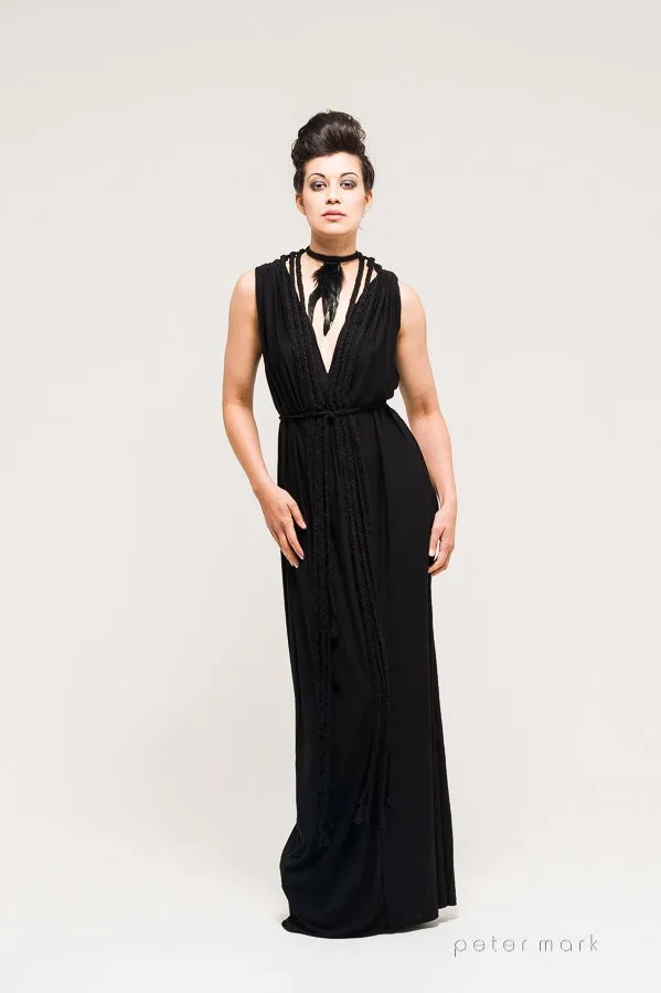 Stunning Black Grecian Dress With Feather Detail