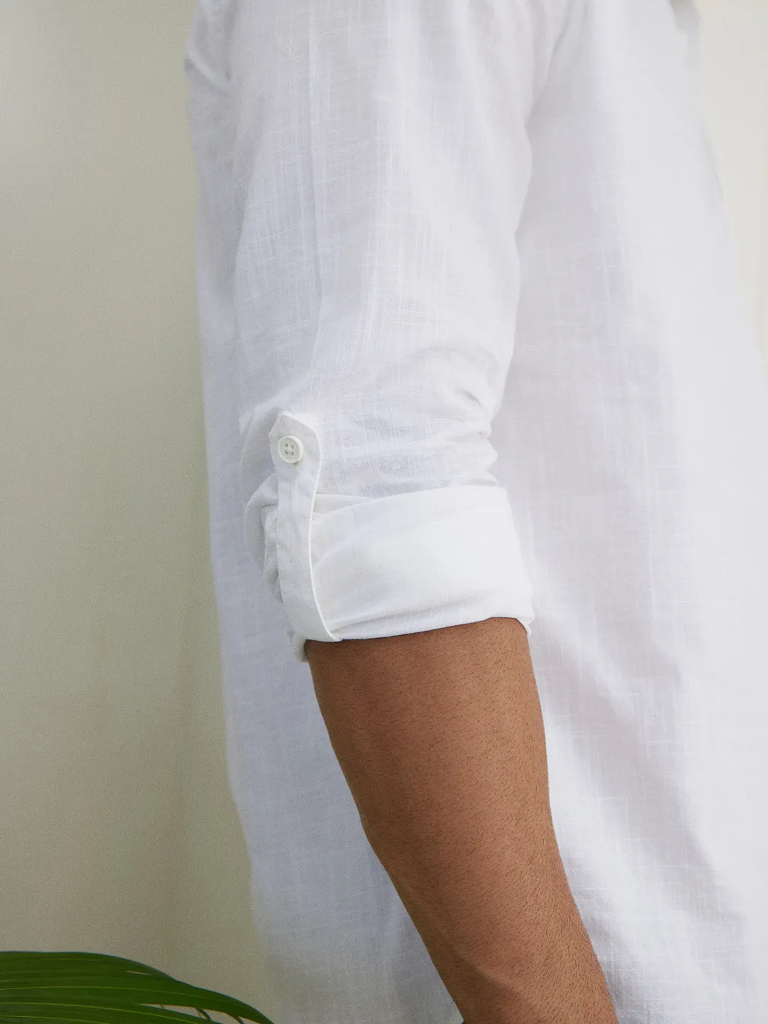 V-Neck Diamond Pocket White Shirt - Vedic