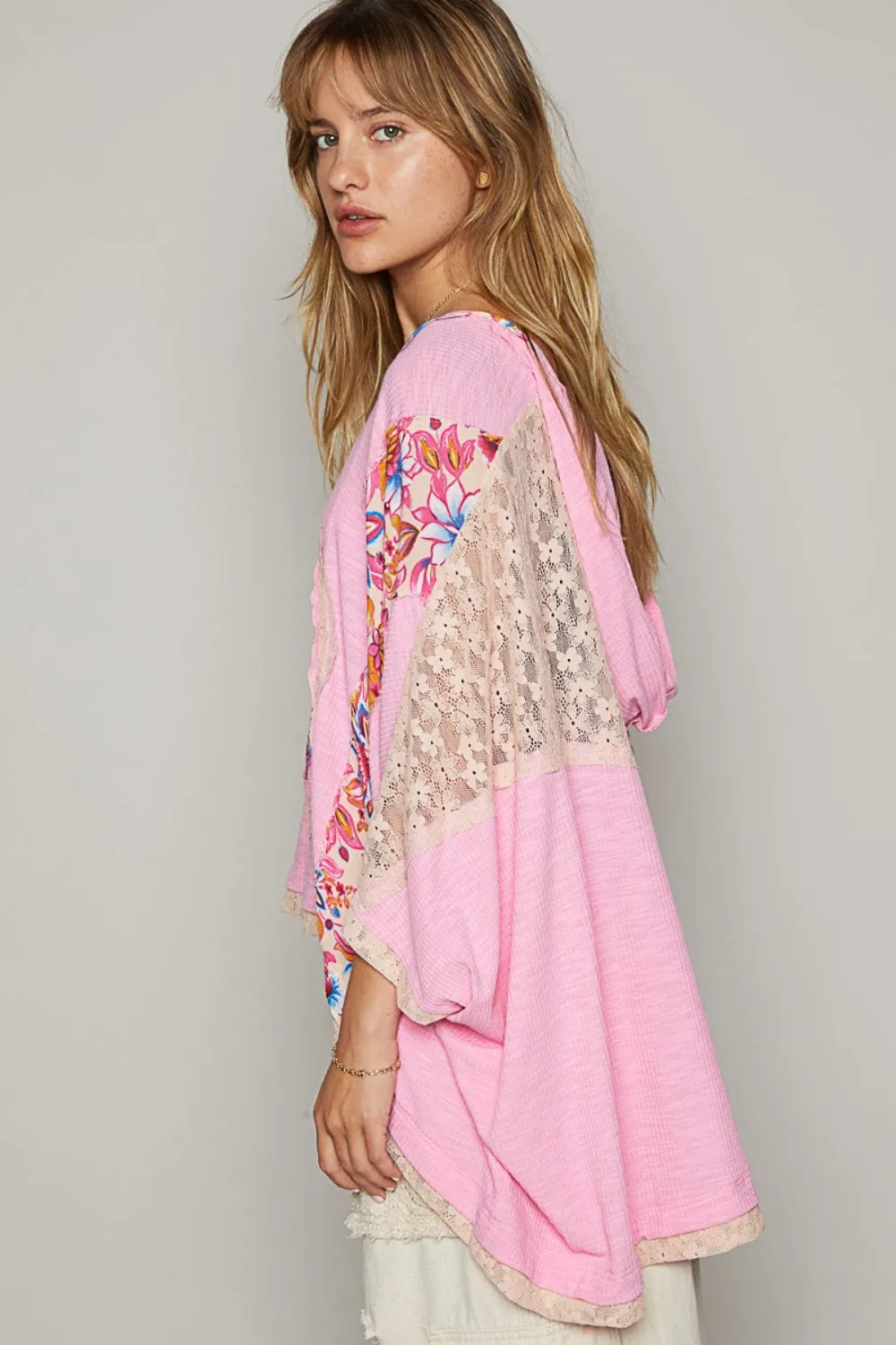 V-Neck Floral Print Peace Patch Lace Hooded Top