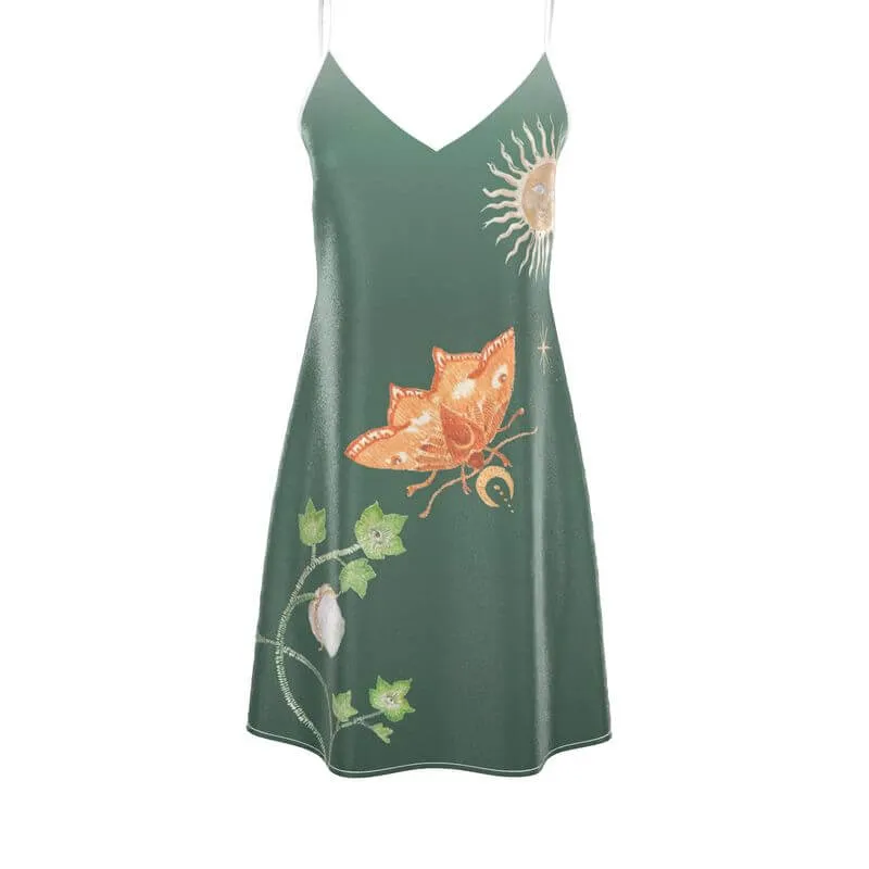 Vela Silk Slip Dress in Green Jungle Butterfly