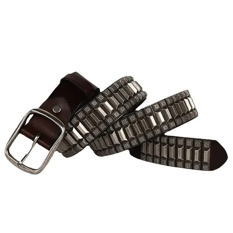 Vintage Geometric Metal Rivet Studded Leather Belt