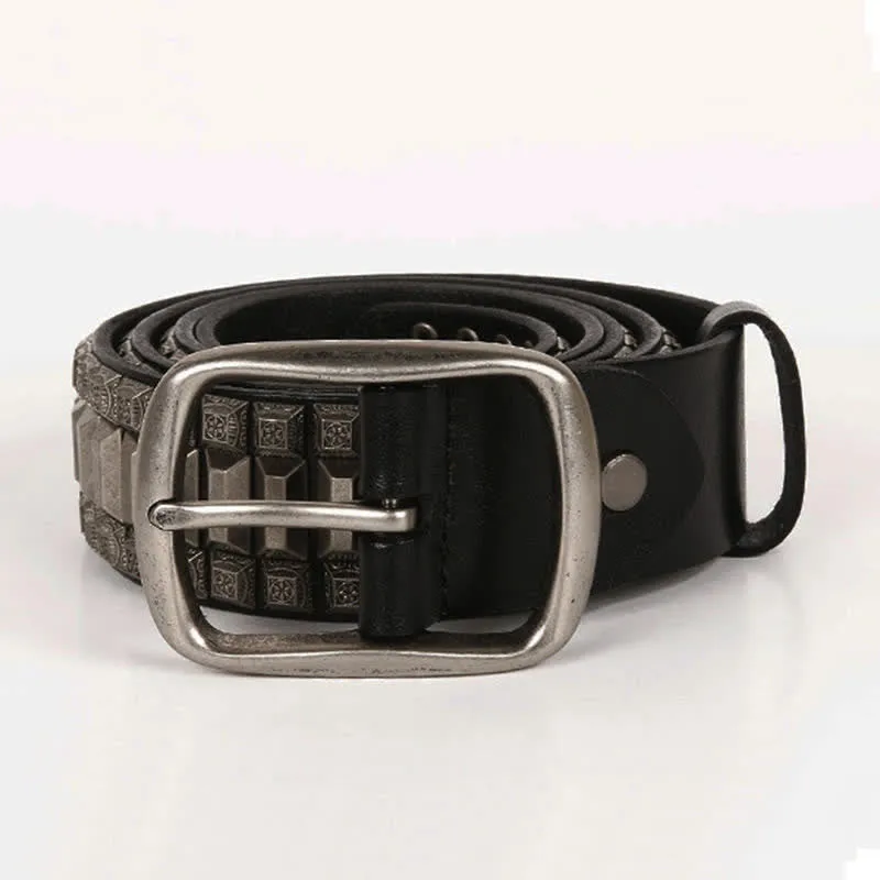 Vintage Geometric Metal Rivet Studded Leather Belt