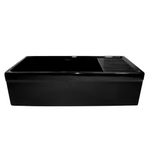 Whitehaus WHQD540-BLACK Farmhaus Fireclay Quatro Alcove Large Reversible Sink with Drainboard