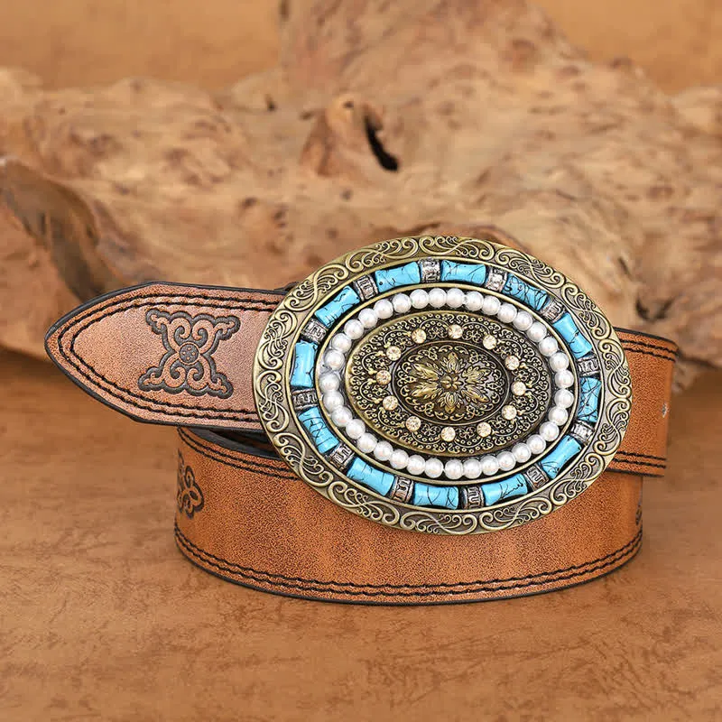 Women's Turquoise Pearl Boho Medallion Buckle Leather Belt