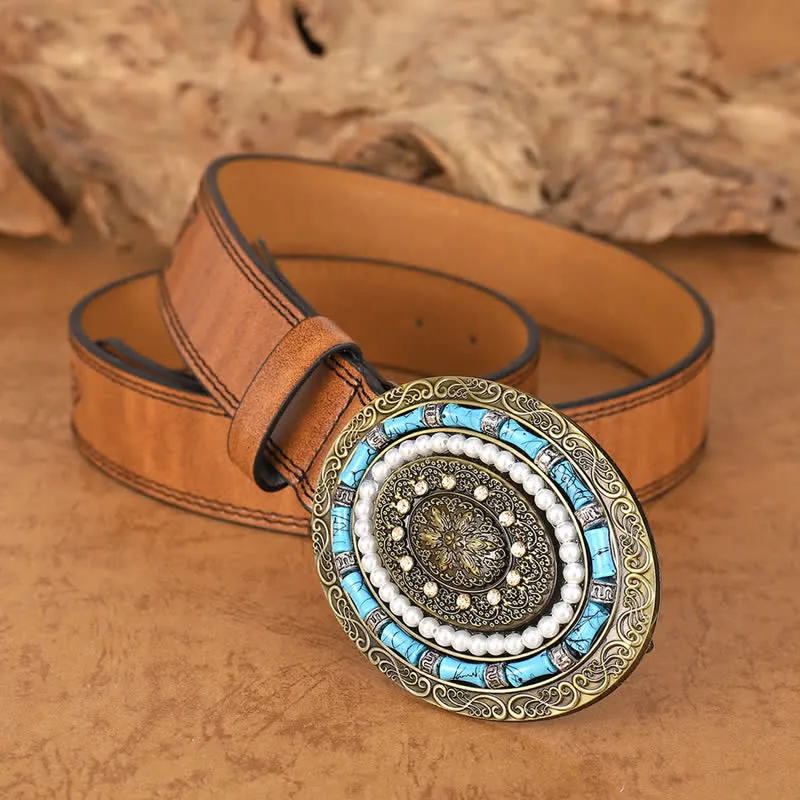 Women's Turquoise Pearl Boho Medallion Buckle Leather Belt