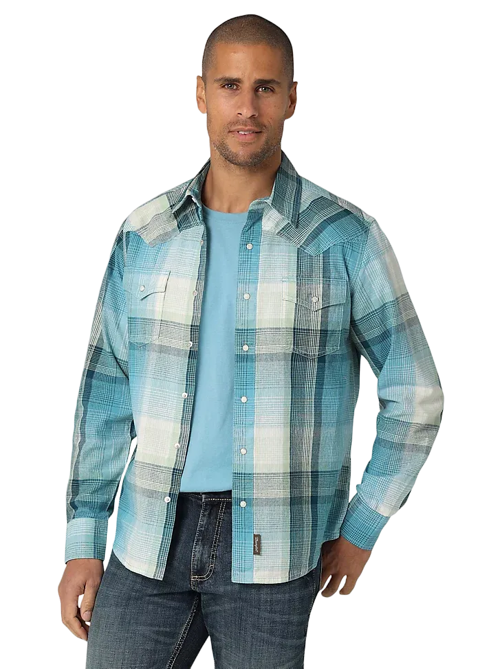 Wrangler Men's Retro Premium Long Sleeve Westerm Blue Shirt